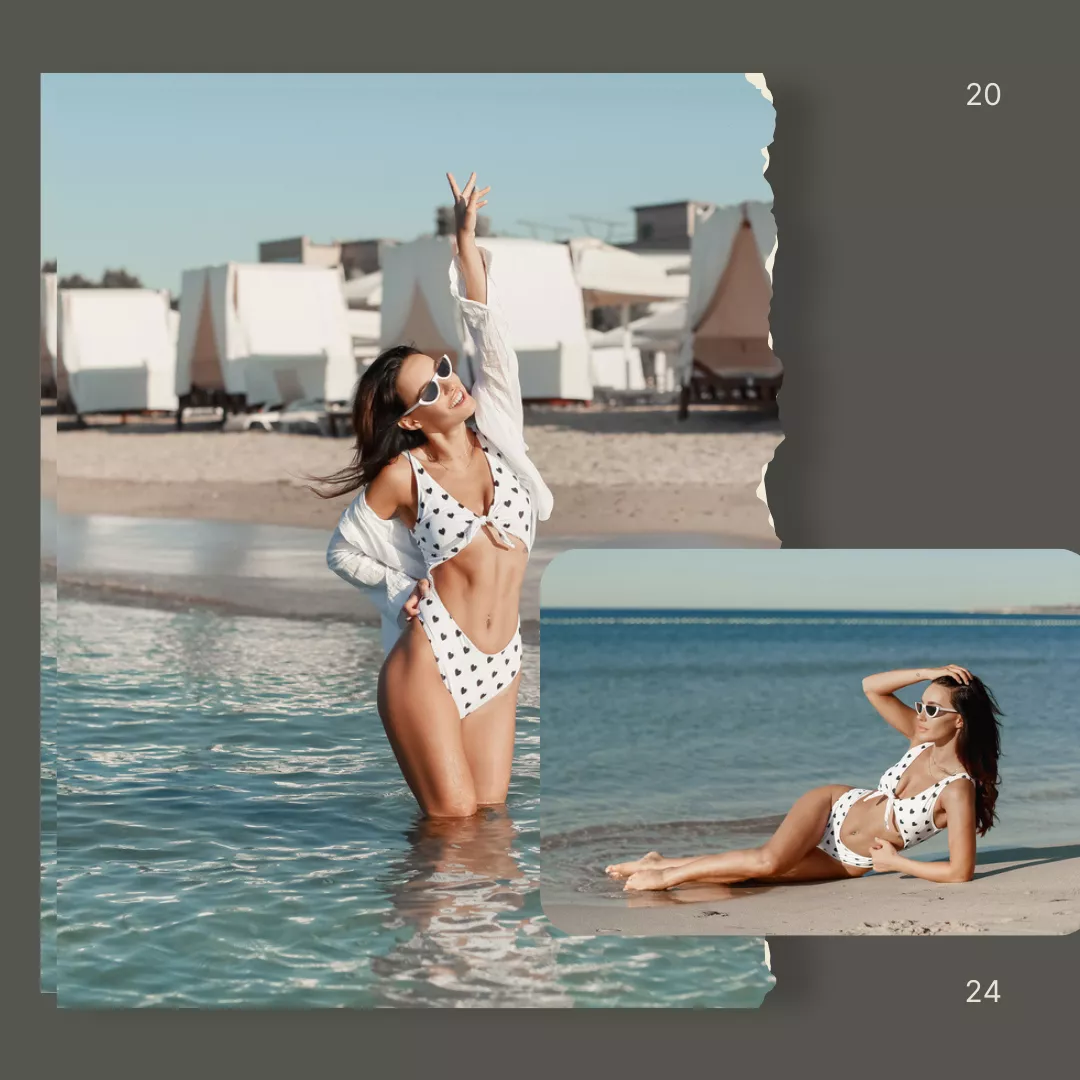 sexy woman in black and white polka dot swimsuit posing lying and standing on the beach.