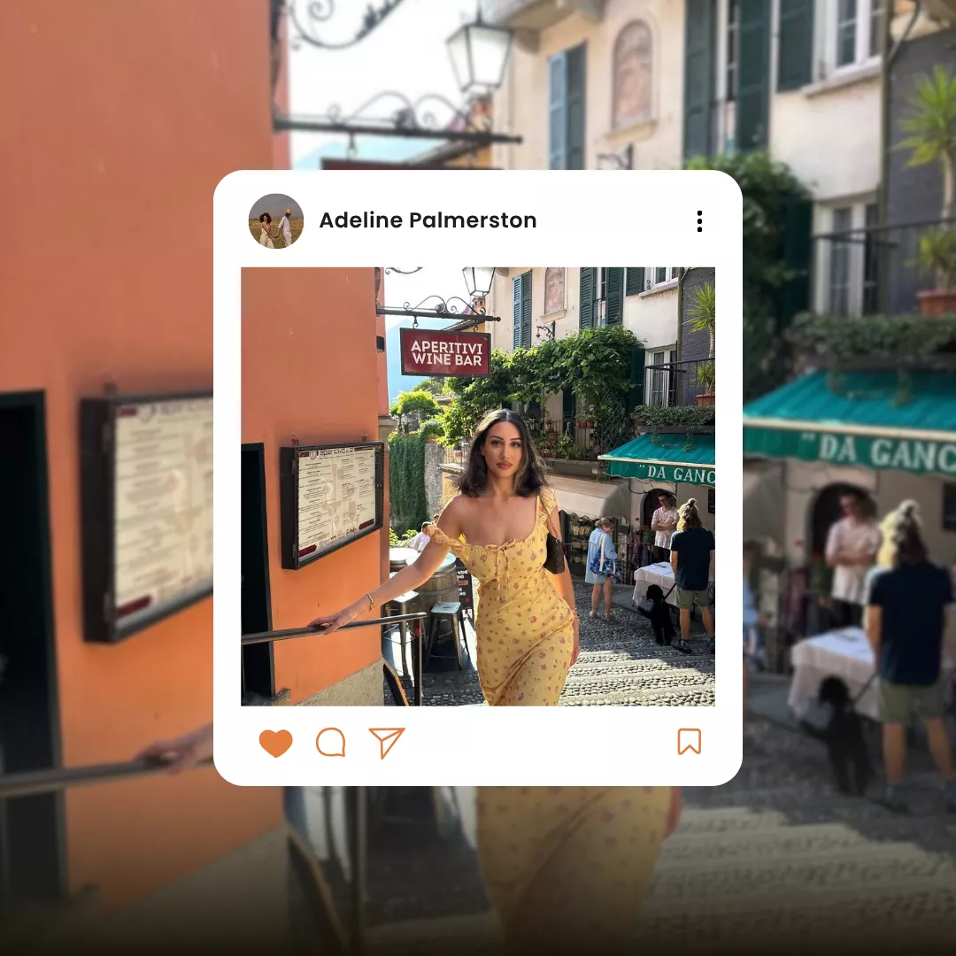 pretty instagram girl wearing yellow floral french dress in a social media post.